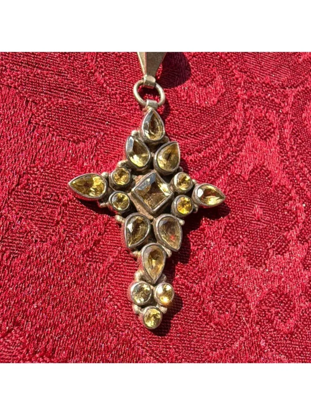 Vintage 925 Sterling Silver Citrine Cross Pendant Multi Stone Cluster Necklace
